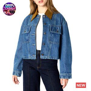 Oversized Cropped Denim Jacket Heavyweight Rigid Collar Retro Chic Y2K